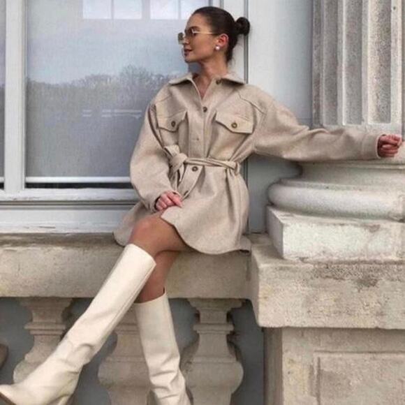 Zara 3046/349 Beige Jacket Belted Spring Coat Medium Overshirt Wool Lightweight - Picture 1 of 15